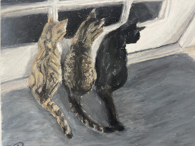 Painting of three cats seen from behind — two tabbies and a black cat — sitting side by side on a grey floor, looking out through a glass door.