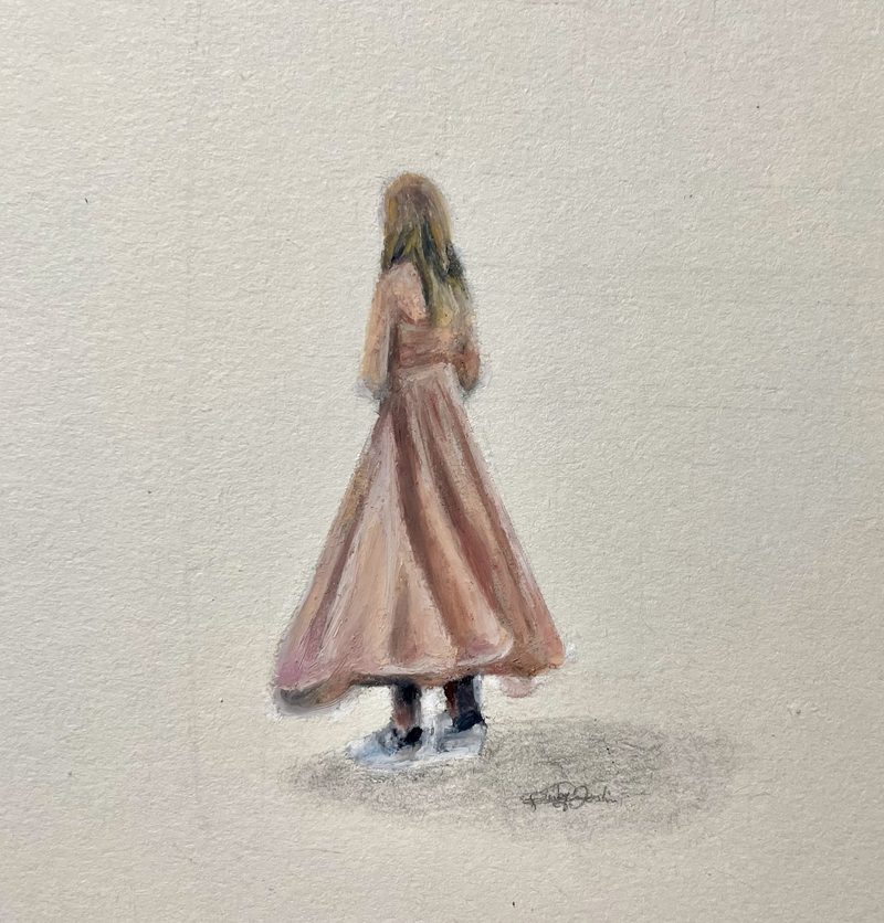 Painting of a girl seen from behind, walking in a long pale pink dress and sneakers, with a soft shadow beneath her on a bare ground.