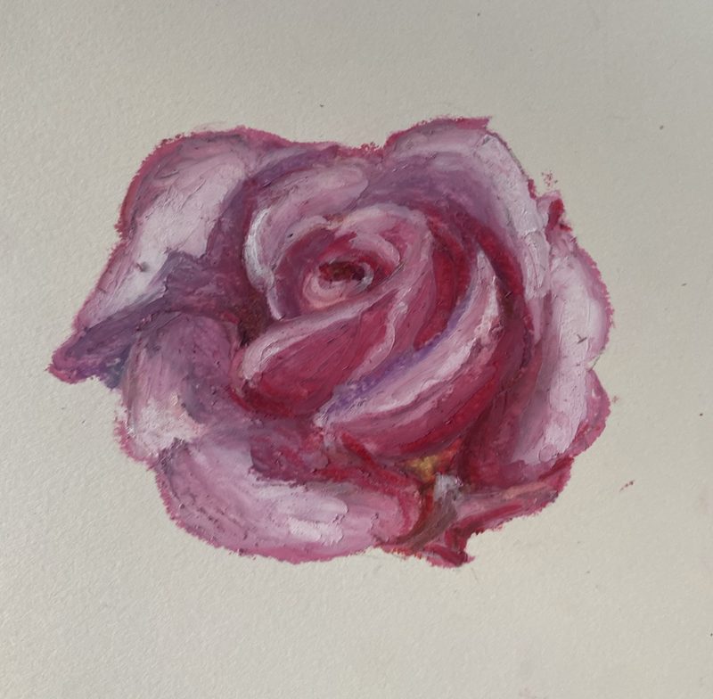 Painting of a single open rose in deep pink and mauve, painted in thick strokes on a pale ground.